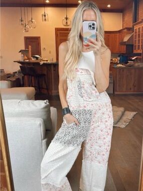 POL Floral & Patchwork Wide-Leg Jumpsuit in White and Pink